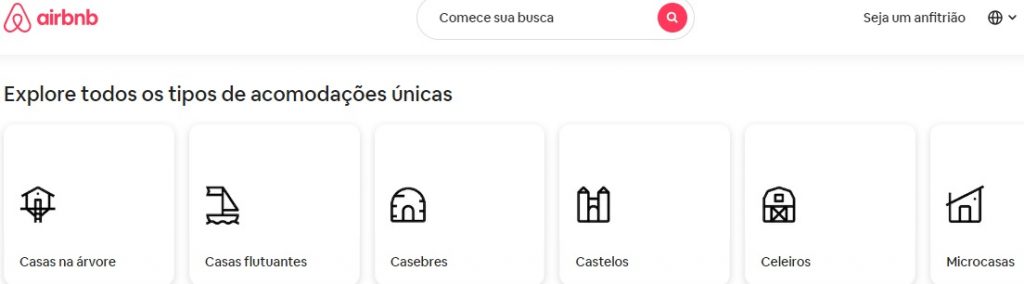 Tipos de acomodações únicas no Airbnb.