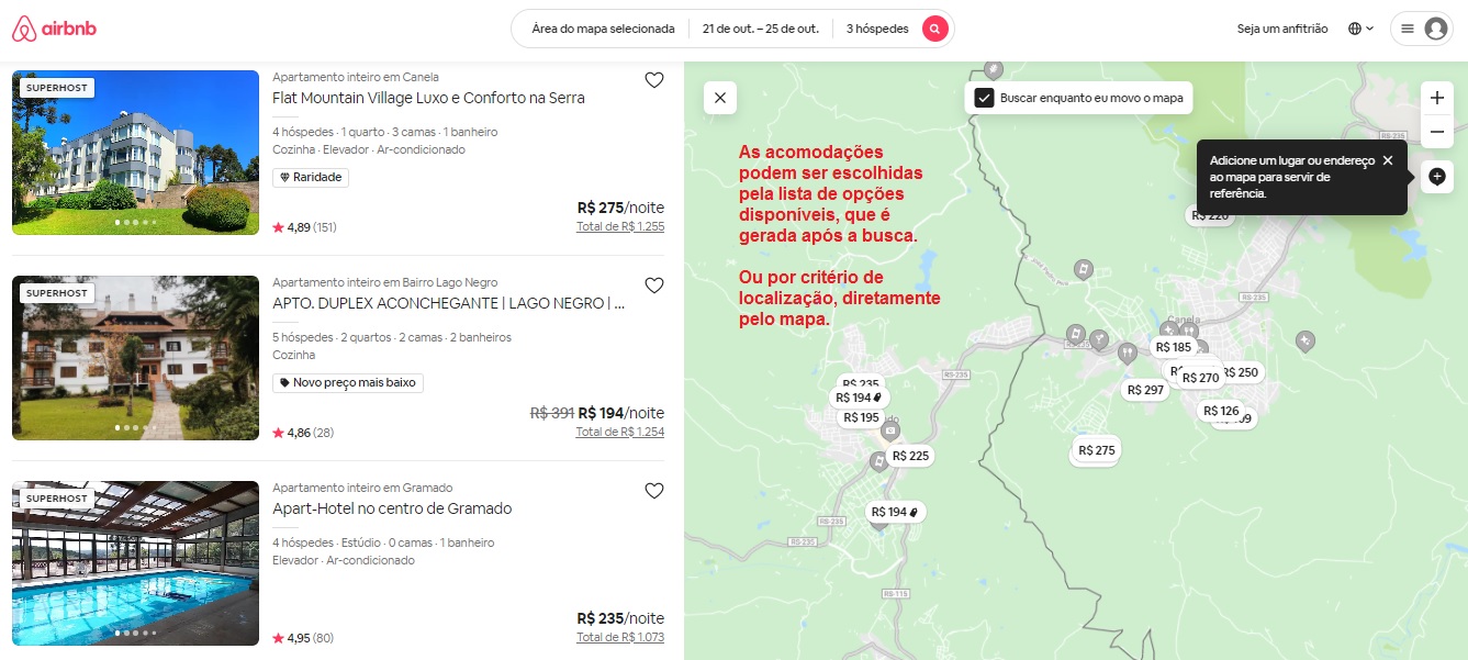 Acomodações disponíveis na pesquisa do Airbnb.