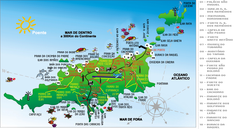 Mapa de Fernando de Noronha. Praias de Noronha. bairros de Noronha. Vila dos Remédios.