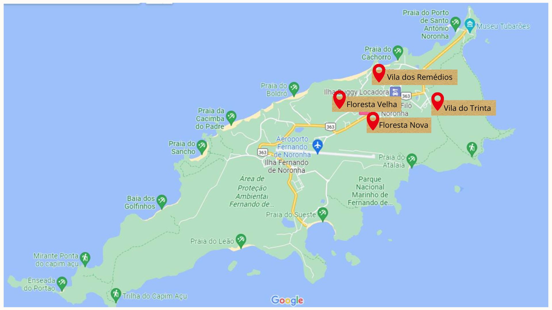 Mapa de Noronha (em destaque, os melhores bairros para se hospedar na ilha). Onde se hospedar em Fernando de Noronha.